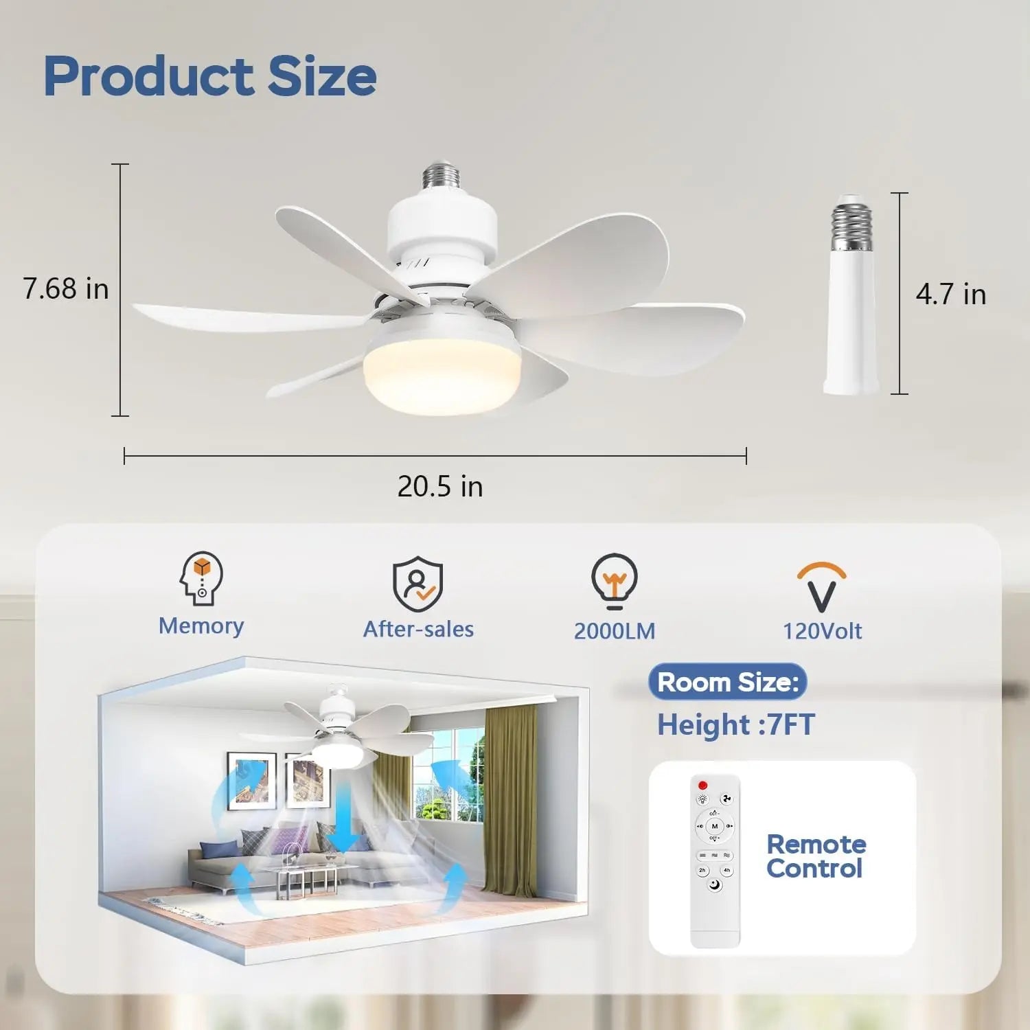 20.5" 2-In-1 Socket Ceiling Fan Light with Remote, 20.5" Screw-In E26/E27 Fan, Dimmable LED 3000K–6000K, 3 Speeds, Quiet Low Profile for Bedroom Kitchen Living Room