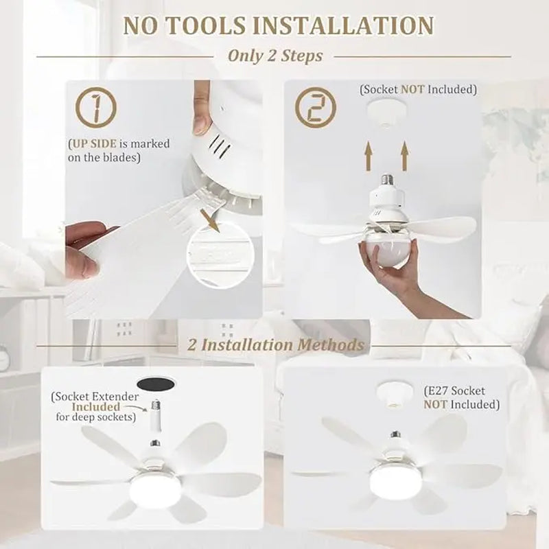 20.5" 2-In-1 Socket Ceiling Fan Light with Remote, 20.5" Screw-In E26/E27 Fan, Dimmable LED 3000K–6000K, 3 Speeds, Quiet Low Profile for Bedroom Kitchen Living Room