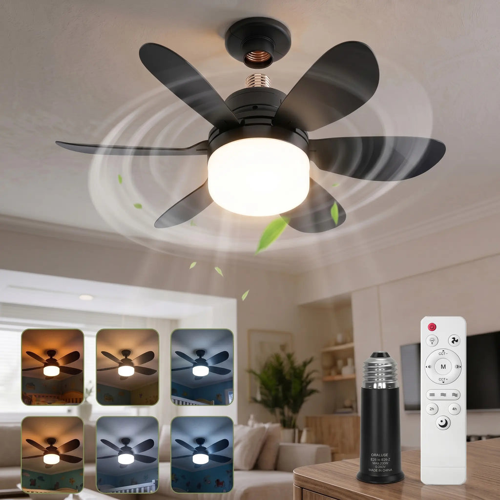20.5" 2-In-1 Socket Ceiling Fan Light with Remote, 20.5" Screw-In E26/E27 Fan, Dimmable LED 3000K–6000K, 3 Speeds, Quiet Low Profile for Bedroom Kitchen Living Room