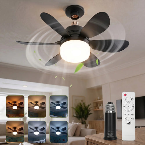 20.5" 2-In-1 Socket Ceiling Fan Light with Remote, 20.5" Screw-In E26/E27 Fan, Dimmable LED 3000K–6000K, 3 Speeds, Quiet Low Profile for Bedroom Kitchen Living Room