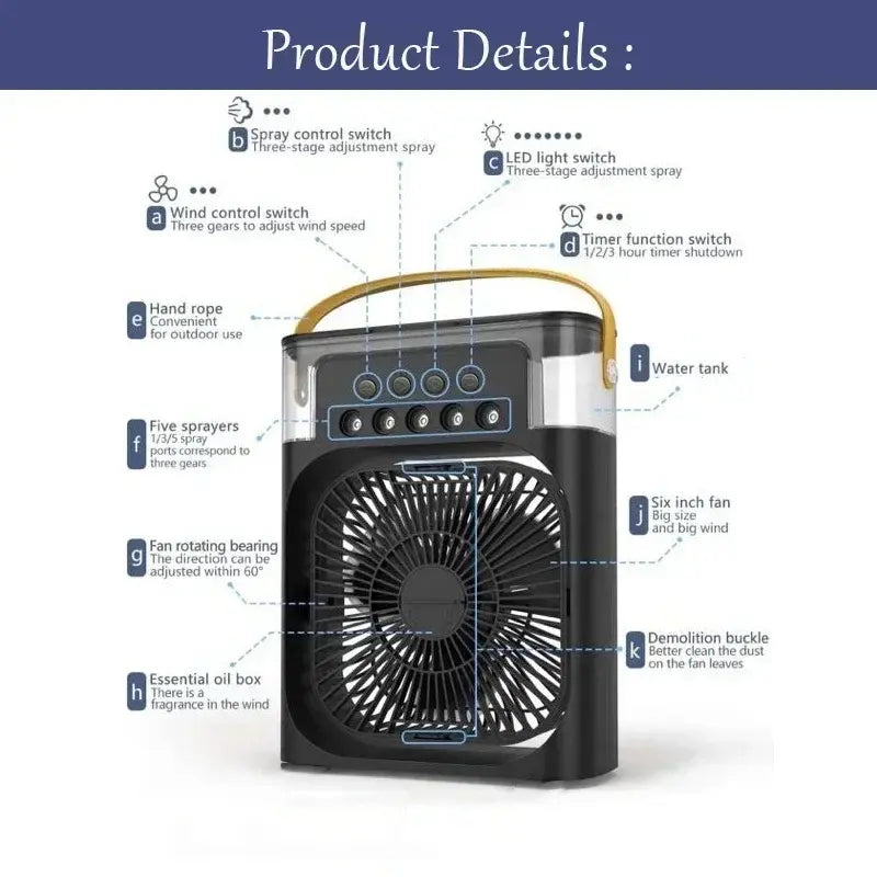 3-in-1 Portable Mini Air Cooler Fan with LED Night Light & Humidifier - Perfect for Home & Office
