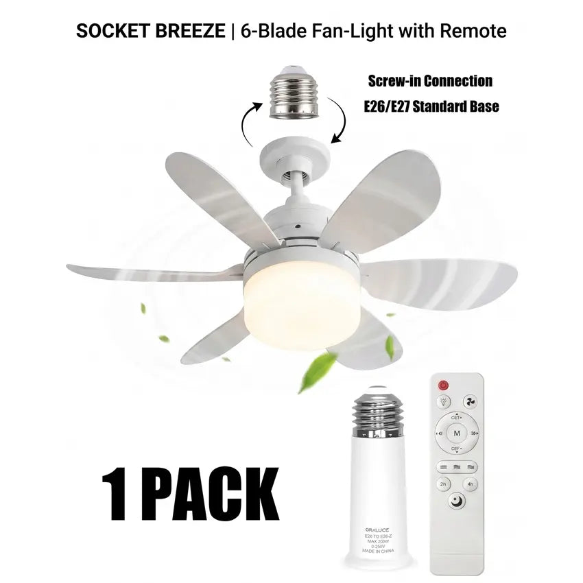 20.5" 2-In-1 Socket Ceiling Fan Light with Remote, 20.5" Screw-In E26/E27 Fan, Dimmable LED 3000K–6000K, 3 Speeds, Quiet Low Profile for Bedroom Kitchen Living Room