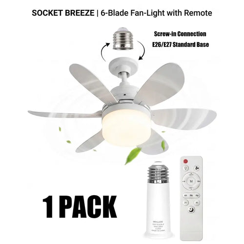 20.5" 2-In-1 Socket Ceiling Fan Light with Remote, 20.5" Screw-In E26/E27 Fan, Dimmable LED 3000K–6000K, 3 Speeds, Quiet Low Profile for Bedroom Kitchen Living Room